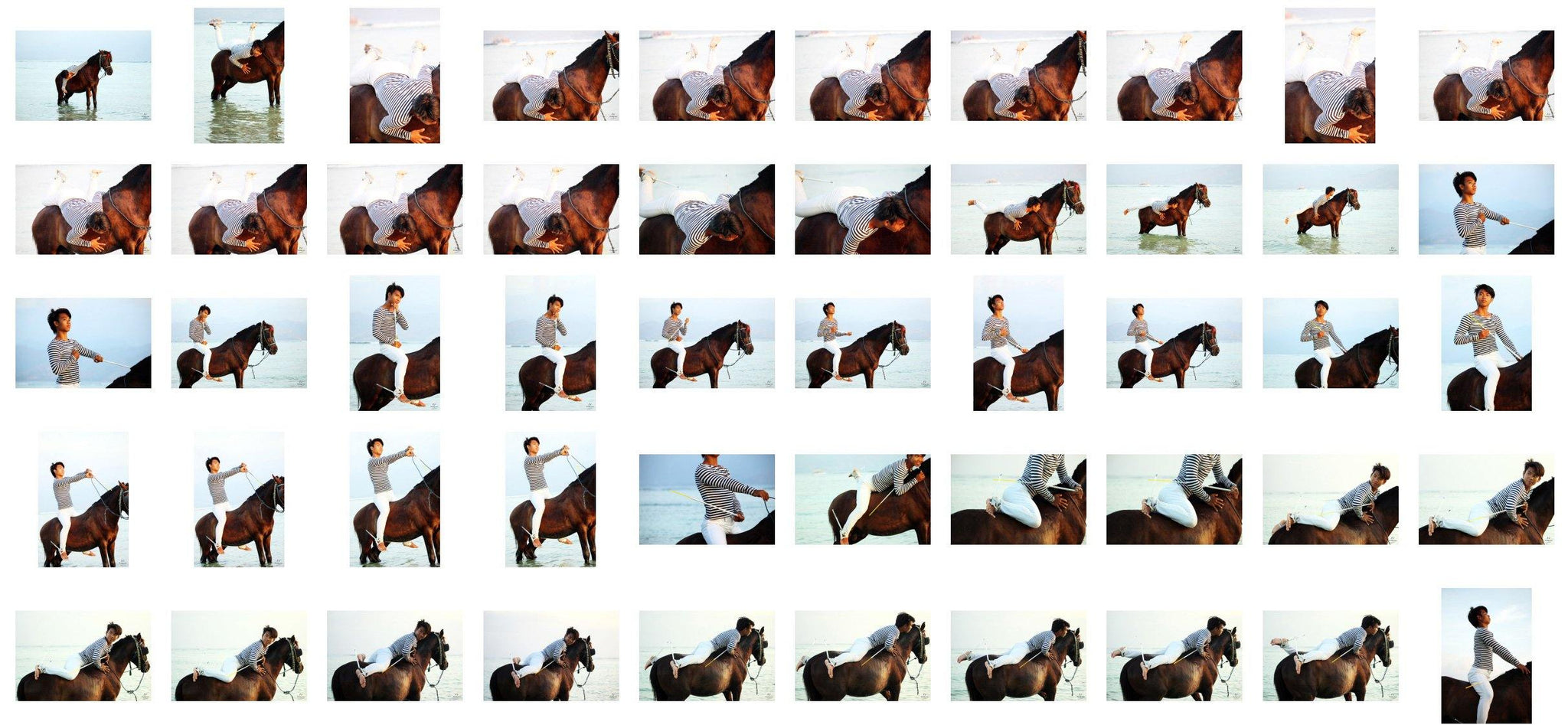 Intan in Striped Shirt and Jodhpurs Acrobating with Wand Bareback on Brown Horse, Part 3 - Riding.Vision